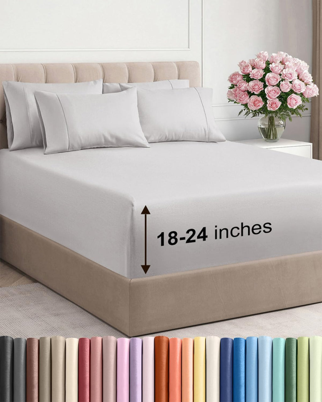 Skiennix Extra Deep Queen Sheet Set - 6 Piece Breathable Cooling Bedding - Soft Wrinkle-Free French Grey