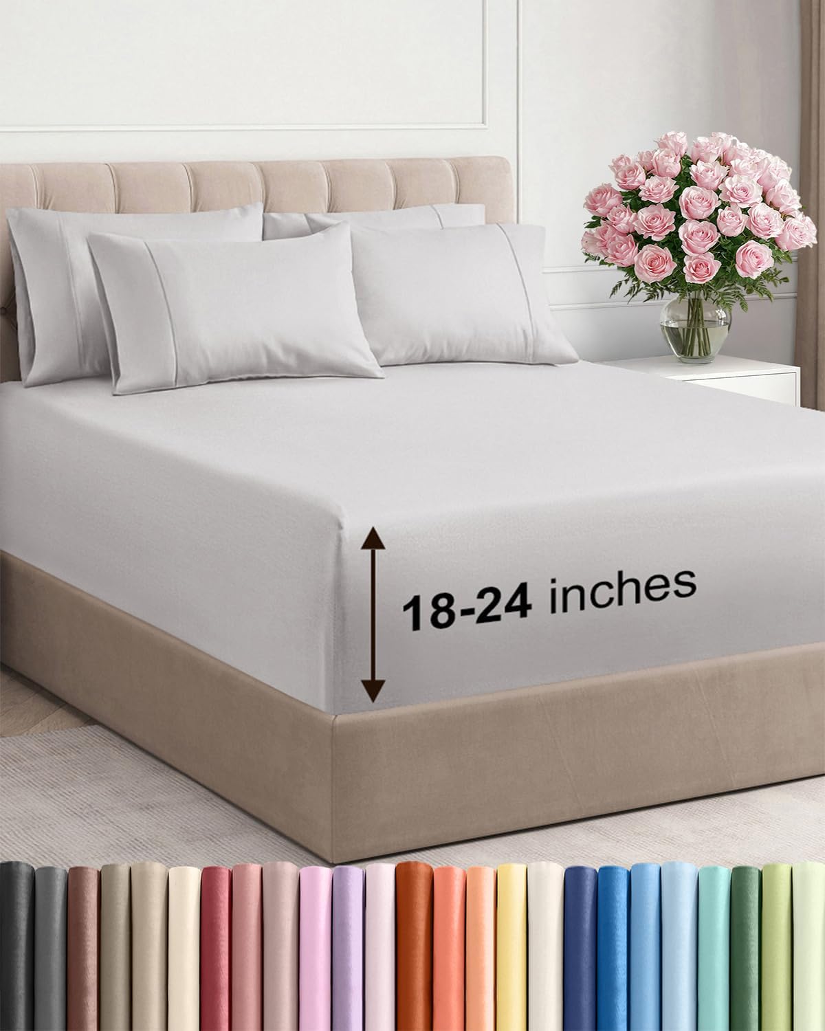 Skiennix Extra Deep Full Sheet Set - 6 Piece Breathable Cooling Sheets - Hotel Luxury Bedding in French Grey