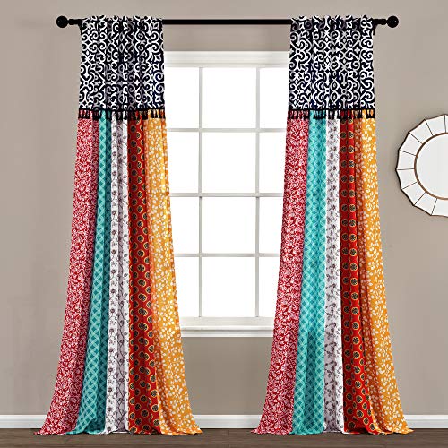 Lush Decor Boho Patch Light Filtering Window Curtain Panels Pair 45" W x 84" L Orange & Navy - Boho Curtains for Living Room - Colorful Bedroom Curtains