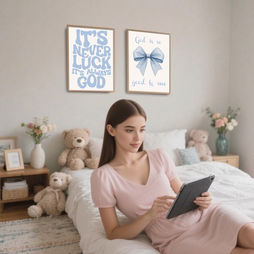 EVER-GOING TUNE Gray Blue Jesus Wall Decor Set of 4 | Inspirational Bible Verse Art for Girls' Bedroom, 8x10 Unframed