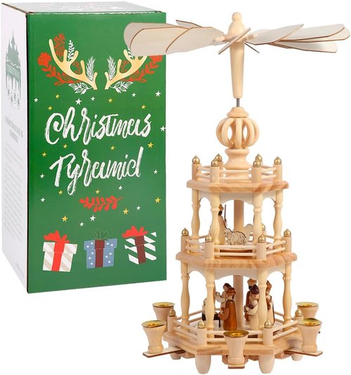 Christmas Pyramids | 18-Inch Wooden Nativity Scene Carousel with 6 Candle Holders - 3 Tiers