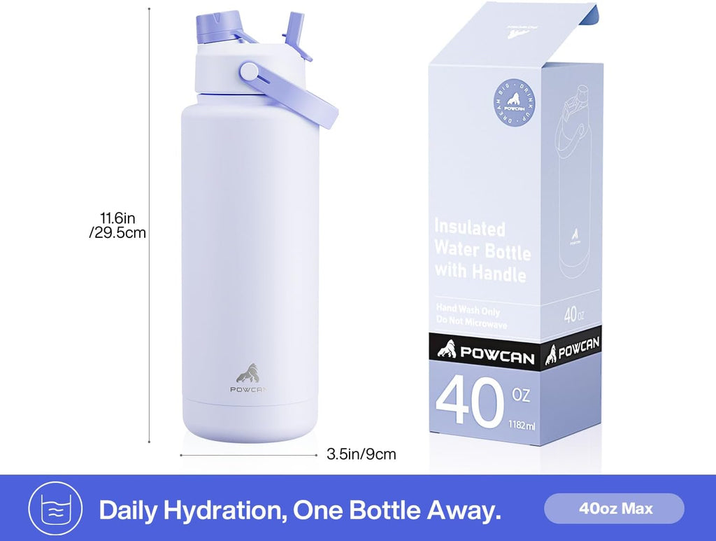 POWCAN 40 oz Insulated Water Bottle - 2-in-1 Straw & Spout Lid, Leak-Proof, BPA-Free, Double Wall Stainless Steel (Lupine)