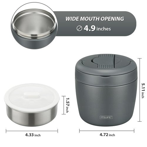Itslife 32oz Insulated Soup Thermos, Vacuum Stainless Steel Food Jar for Hot & Cold Food, Leakproof Wide Mouth Lunch Container with Spoon, Grey