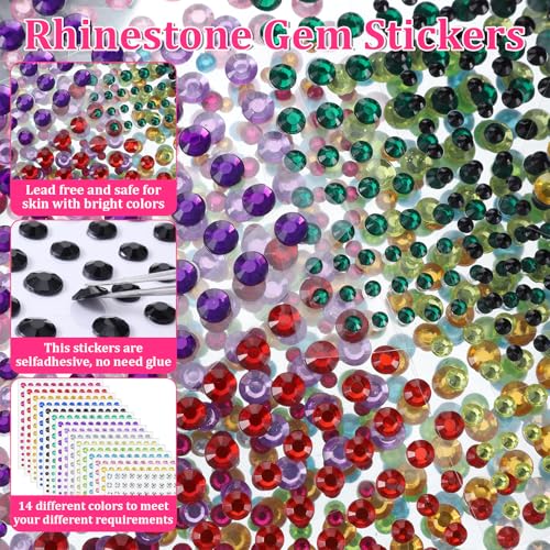 SULIKJHUI 3456 Pcs Self-Adhesive Rhinestone Stickers, 15 Colors Acrylic Gems for Crafts, Face, Body, and Nail Art