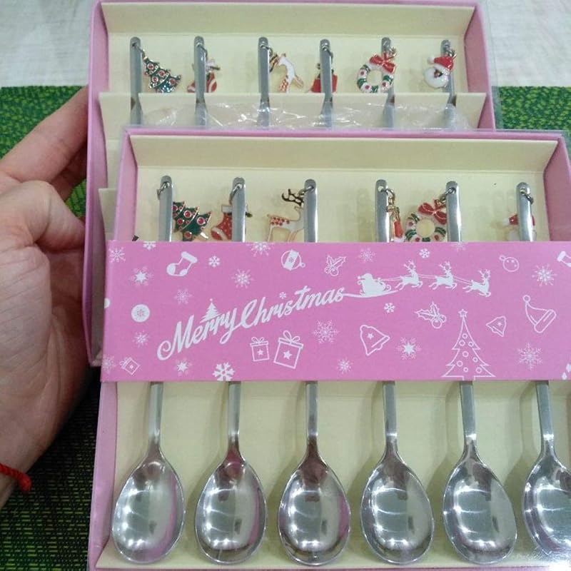 Christmas Spoons 6-Piece Stainless Steel Coffee Spoons with Xmas Pendant - Silver