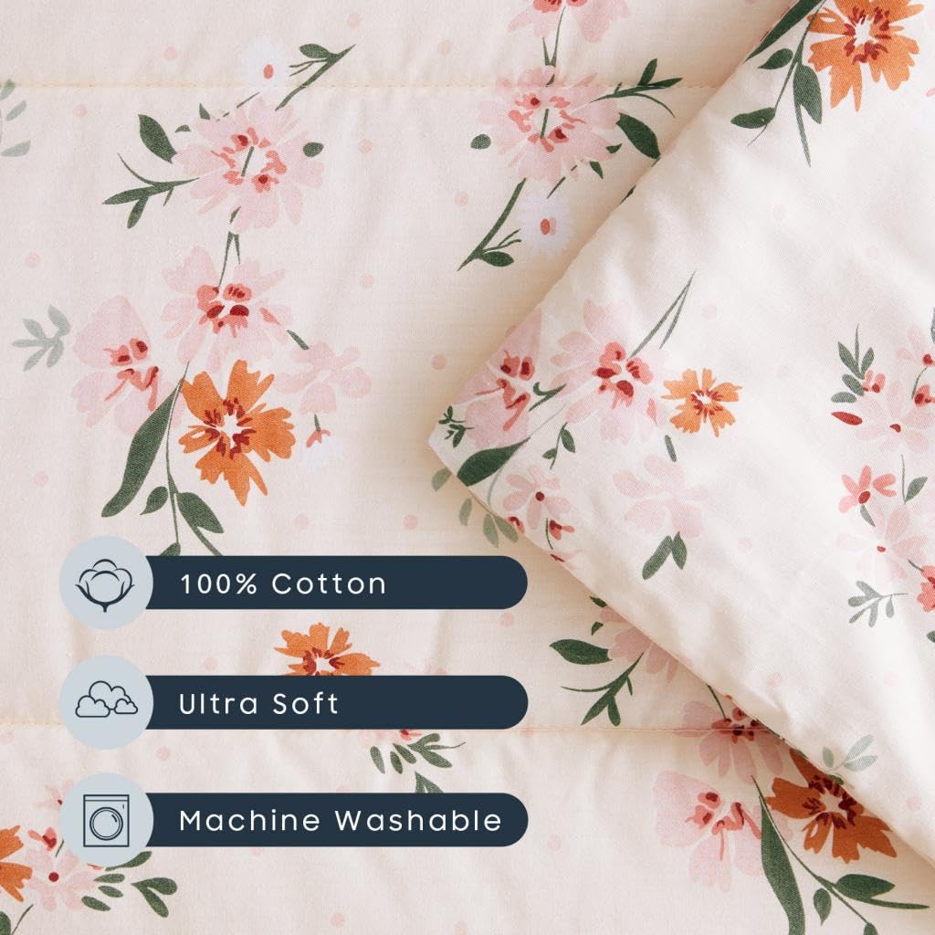 Wake In Cloud - Cot Nap Mat with Pillow and Blanket, 100% Cotton Fabric, for Toddler Kids Girls Ages 3 Plus in Daycare Kindergarten Preschool with Elastic Corner Straps, Floral Flowers, Light Pink