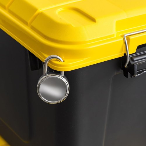 IRIS USA WeatherPro 21 Gallon Lockable Storage Bins - Heavy Duty, Stackable Organizing Tubs | Black/Yellow, 4 Pack