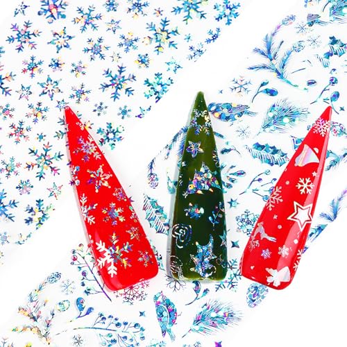 Christmas Aurora Nail Foil Transfer Stickers - 10 Sheets Holographic Winter Snowflakes & Trees DIY Manicure Decals