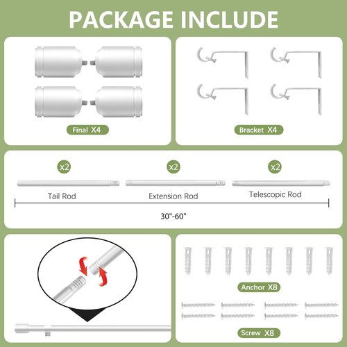 Adjustable 5/8” Diameter Curtain Rods by [Brand Name] - 30-60 Inch for 30-54 Inch Windows | Silver Finish, 2 Pack