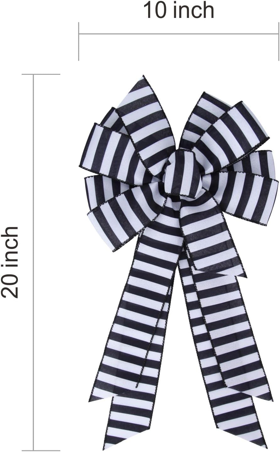 Meseey Christmas Ribbon Bow - Large Black and White Striped Design | 20 x 11 Inch for Wreaths & Decorations