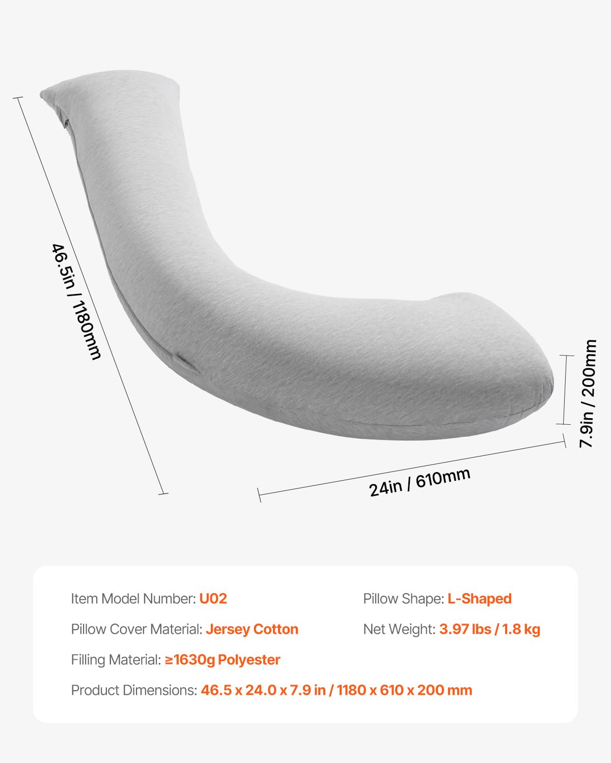 VEVOR Pregnancy Pillow - L-Shaped Maternity Body Pillow for Side Sleeping | Soft, Breathable, Washable Jersey Cover - Light Gray