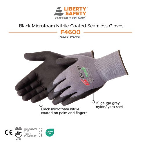 Liberty F4600 G-Grip Micro-Foam Nitrile Palm Coated Seamless Gloves with 15-Gauge Nylon Shell | Ideal for Automotive, Manufacturing, General Purpose | Gray/Black, Large (Pack of 12)