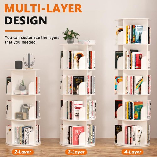 Nidouillet Rotating Bookshelf Tower, 5 Tier Spinning Bookcase Lazy Susan, Revolving 360 Book Shelf Storage Round Organizer, Vertical Rotate Turning Corner Book Case for Small Space, White