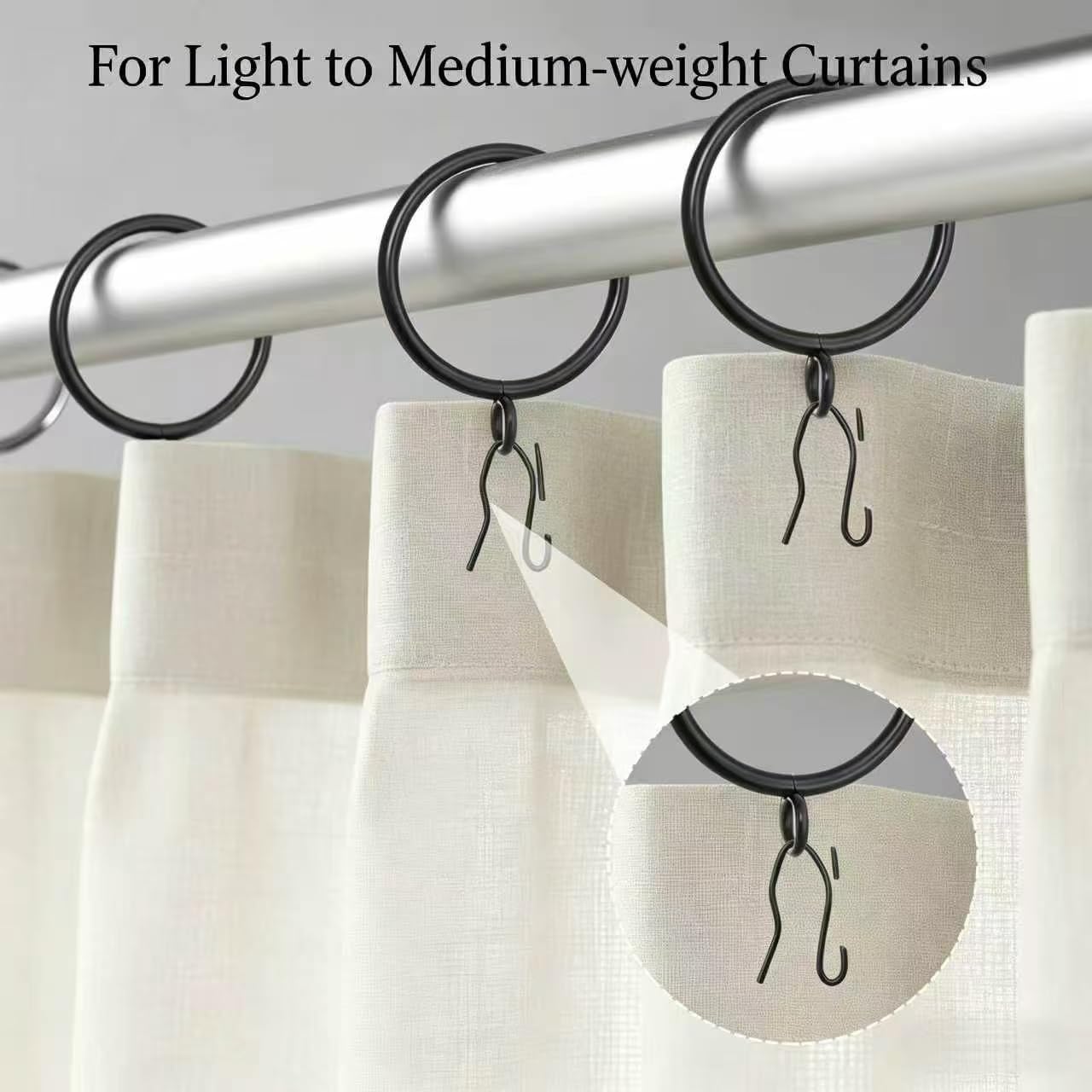 CONAMEI 50 Pcs Curtain Rings and Hooks 1.52 Inch - Stainless Steel Shower Curtain Rings and Hooks with Eyelets for Curtains Rods and Bathroom Shower Rods, Black