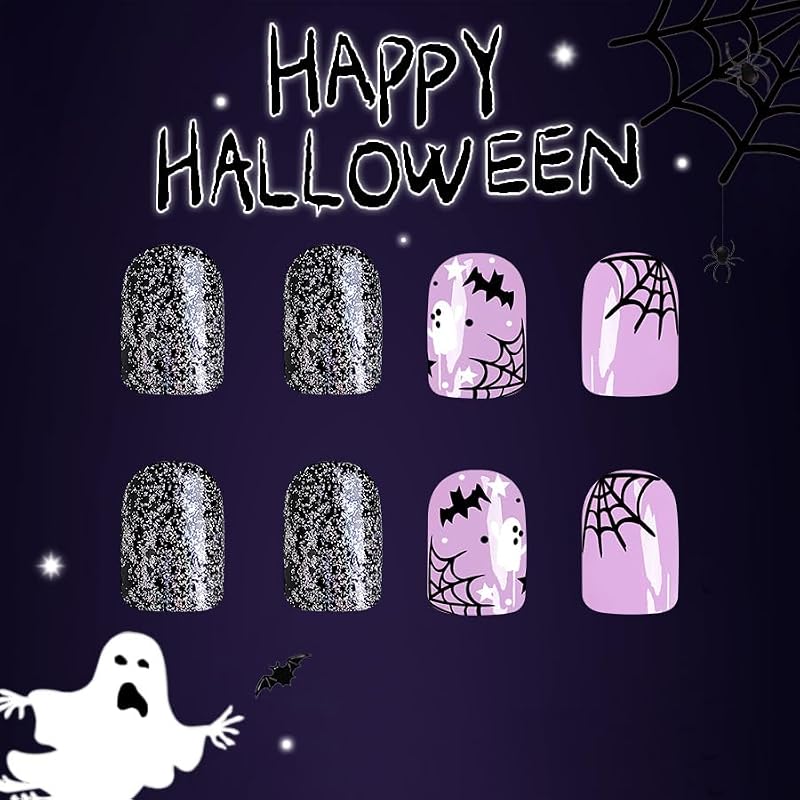 Purple Halloween Press on Nails 3D Bat Ghost Spider Web Glossy Short