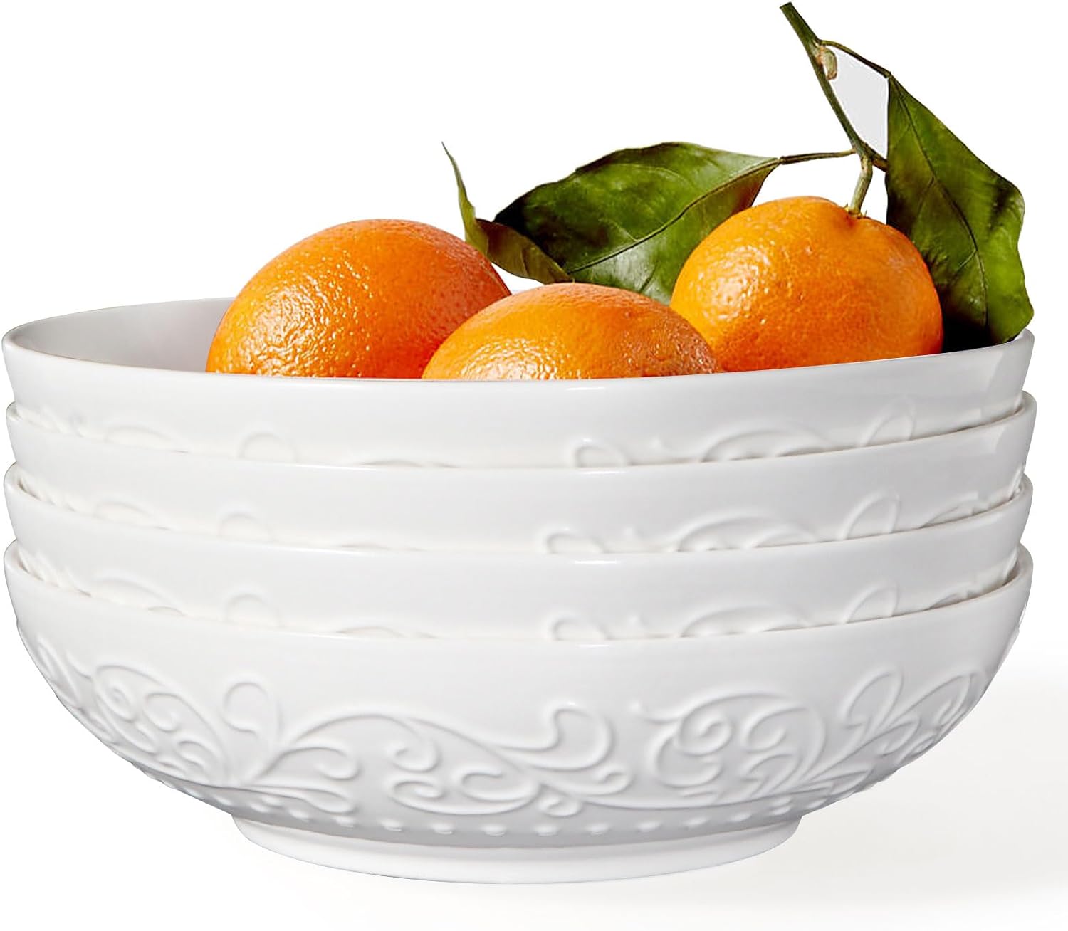 Artena Ceramic Pasta Bowls - 32oz Large Salad Bowls Set of 4 | White Embossed, Microwave & Dishwasher Safe
