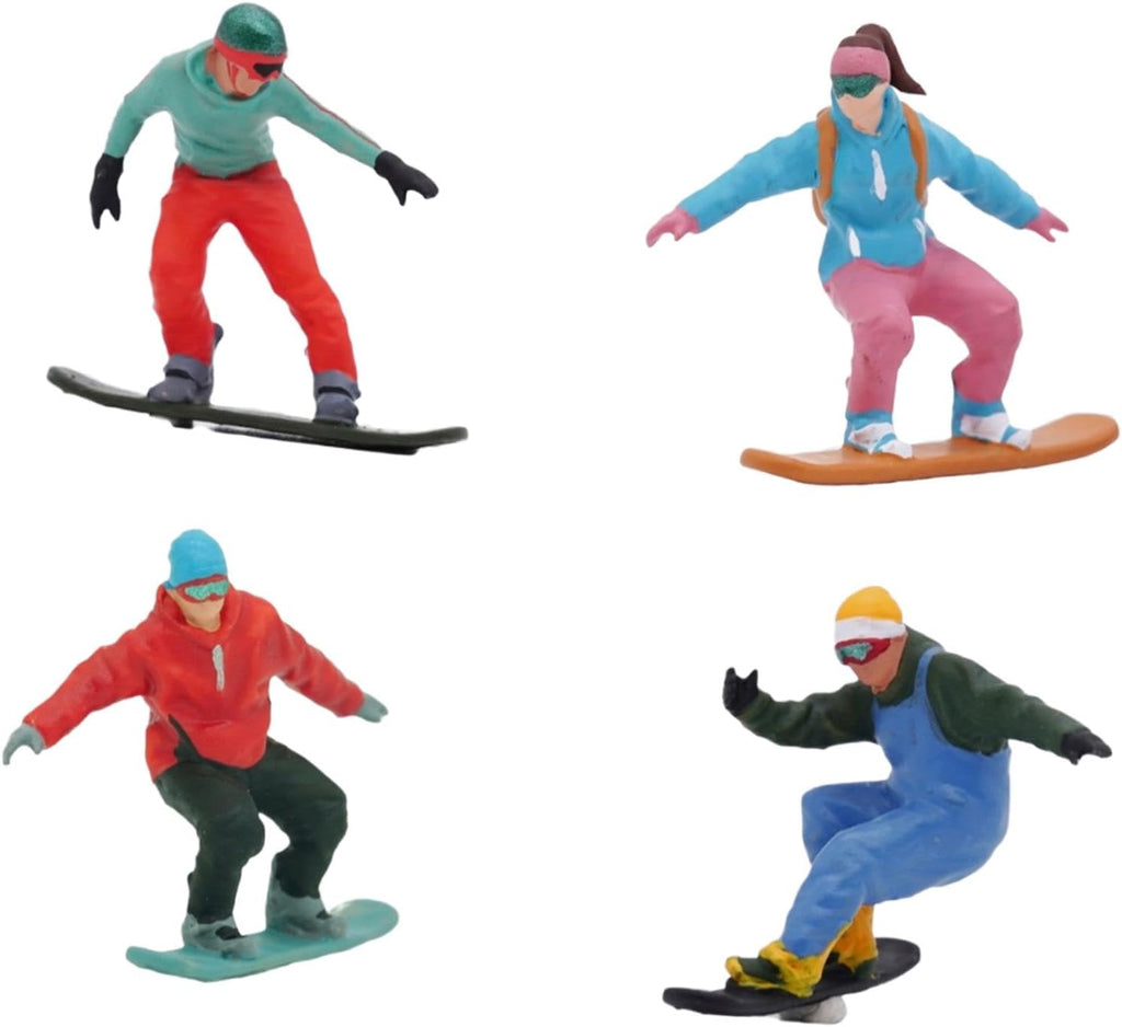 Menolana Miniature Skier Figurines - 4Pcs 1/64 Scale Snowboarding Models for Dollhouse & Railway Decor
