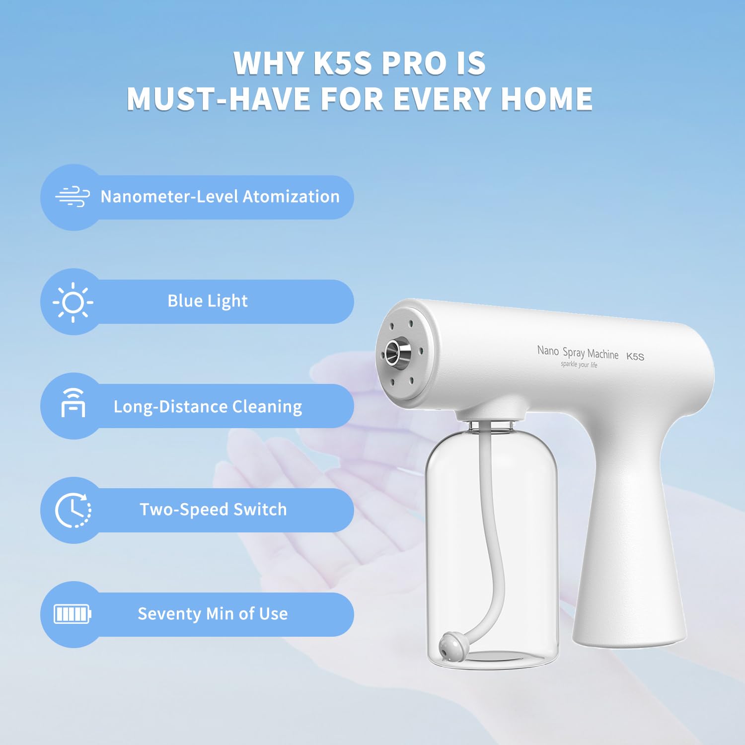 Handheld Rechargeable ULV Nano Mist Mister with Blue Light Electrostatic Technology, Portable Barbershop Humidifier for Hair Salons, Home, Office & Car Wireless Atomizer for Air Refresh(K5SPro Black)