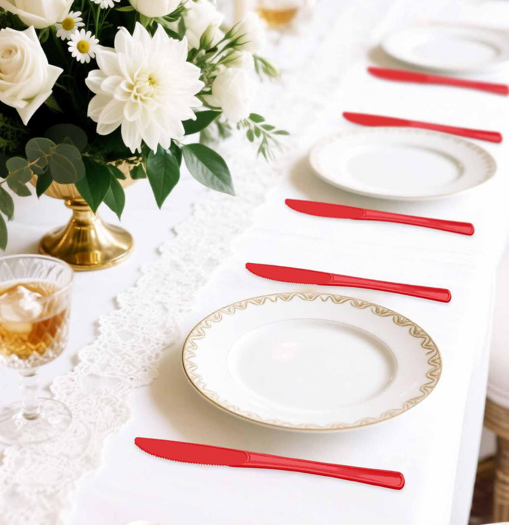 SietDESEO 25 PCS Red Plastic Knives Disposable Utensils Heavy Duty Red Knives Disposable Cutlery for Birthday Wedding Baby Shower Bridal Shower Plastic Silverware