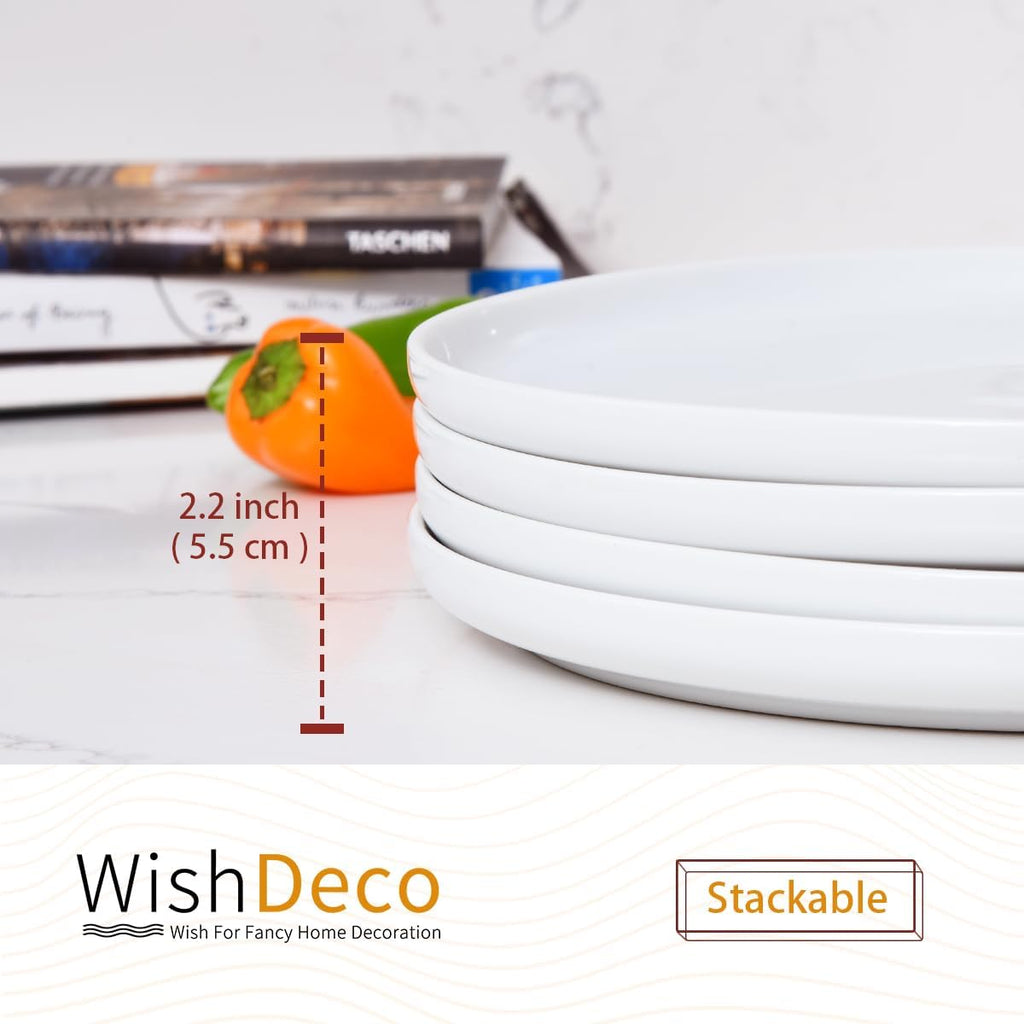 WishDeco White Dinner Plates Set of 4 - 10.5-Inch Ceramic Dining Plates | Microwave & Dishwasher Safe