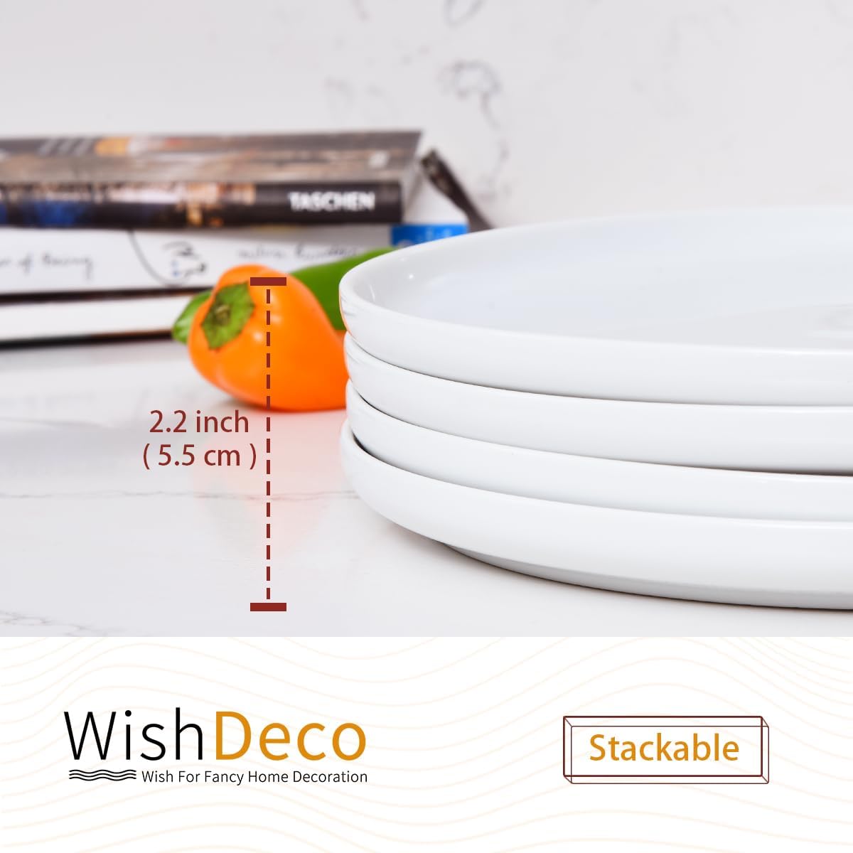 WishDeco White Dinner Plates Set of 4 - 10.5-Inch Ceramic Dining Plates | Microwave & Dishwasher Safe