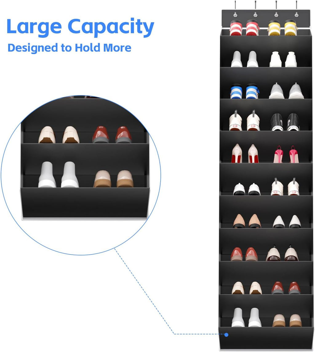 Regeleto Over The Door Shoe Organizer - 10 Tiers Storage Rack for 20 Pairs of Sneakers & Boots (Black)