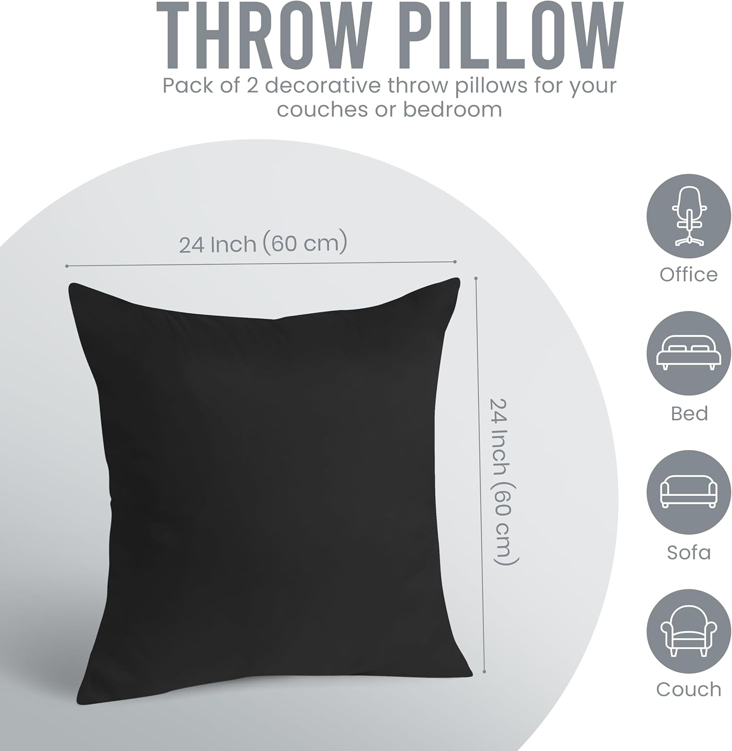 Utopia Bedding 24x24 Pillow Inserts - Set of 2 Black Decorative Throw Pillows for Sofa & Couch - Soft & Fluffy Cushions
