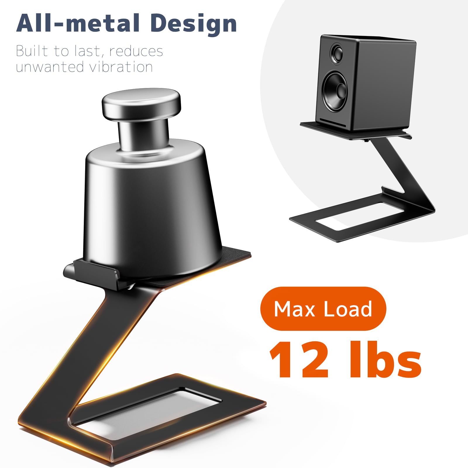 PUTORSEN Desk Speaker Stands,Desktop Speaker Stands for Most Small & Medium Bookshelf Speakers, Computer Speakers,Depth Up to 7.71in,6 Tilt Angle,Speaker Risers with Vibration Absorption Pad, Black