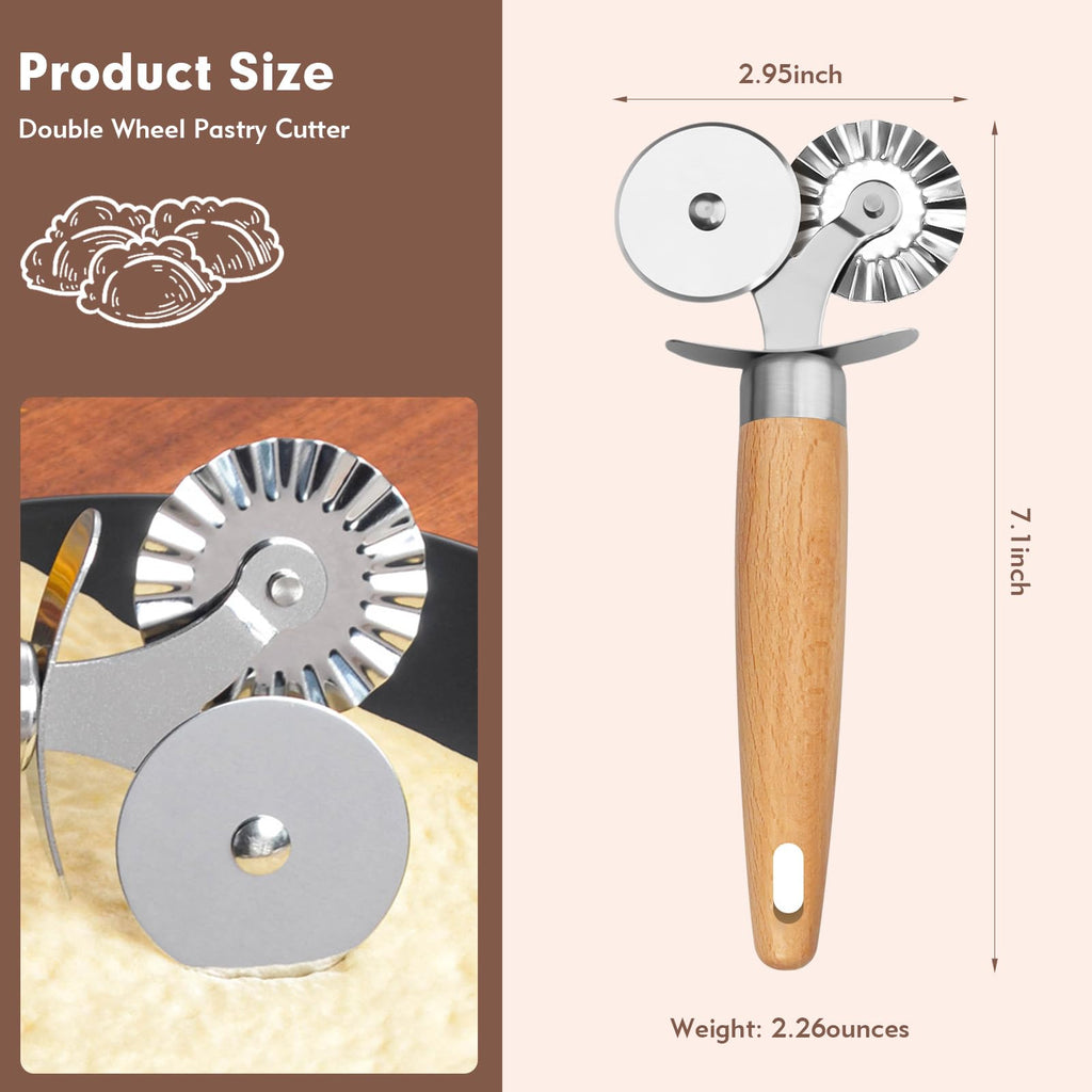 Pasta Cutter Wheel - Fluted Pastry Cutter Double Wheel Ravioli Cutter Tool with Wooden Handle for Pasta Pizza Ravioli Cookie