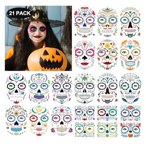 Day of the Dead Temporary Face Tattoos - 21 Sheets Halloween Makeup Stickers