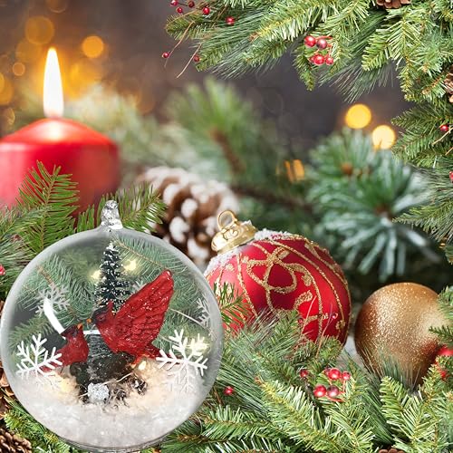 Lighted Cardinal Christmas Ornament - 4 Inch Snow Globe with Red Cardinals