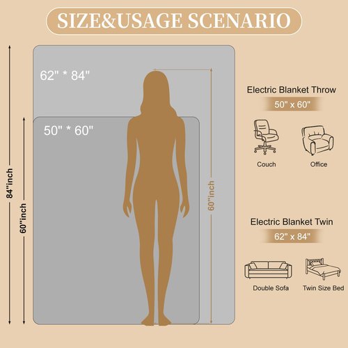 Electric Heated Throw Blanket 50" x 60", Soft Plush Flannel & Sherpa Electric Blanket with 8 Heat Settings, 1-12H Auto-Off, Fast & Even Heating, Machine Washable, Ideal for Home & Office, Beige