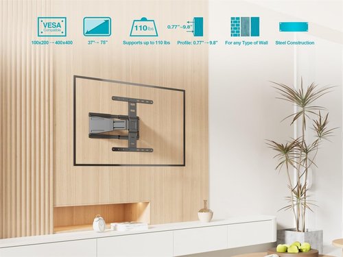 Monoprice Ultra-Slim Full-Motion Articulating TV Wall Mount Bracket - For 40" ~ 75" TVs Max Weight 66lbs VESA Up to 200x200 Concrete & Brick Compatible, Black