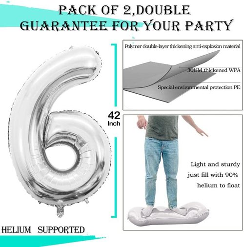 GOER Silver Foil Number 6 Balloons - Huge 42 Inch & 32 Inch for 6th Birthday Party Decorations (3 Pcs)