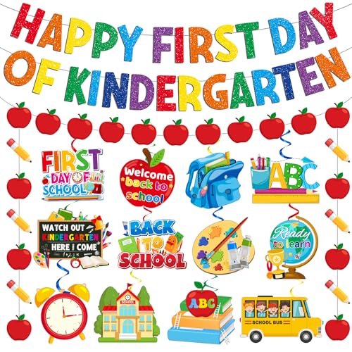 Happy First Day of Kindergarten Decorations Set - Banner & Swirls