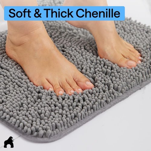GORILLA GRIP Plush Chenille Bath Rug Mat - Soft Microfiber for Oval Toilet Base | Machine Washable, Grey