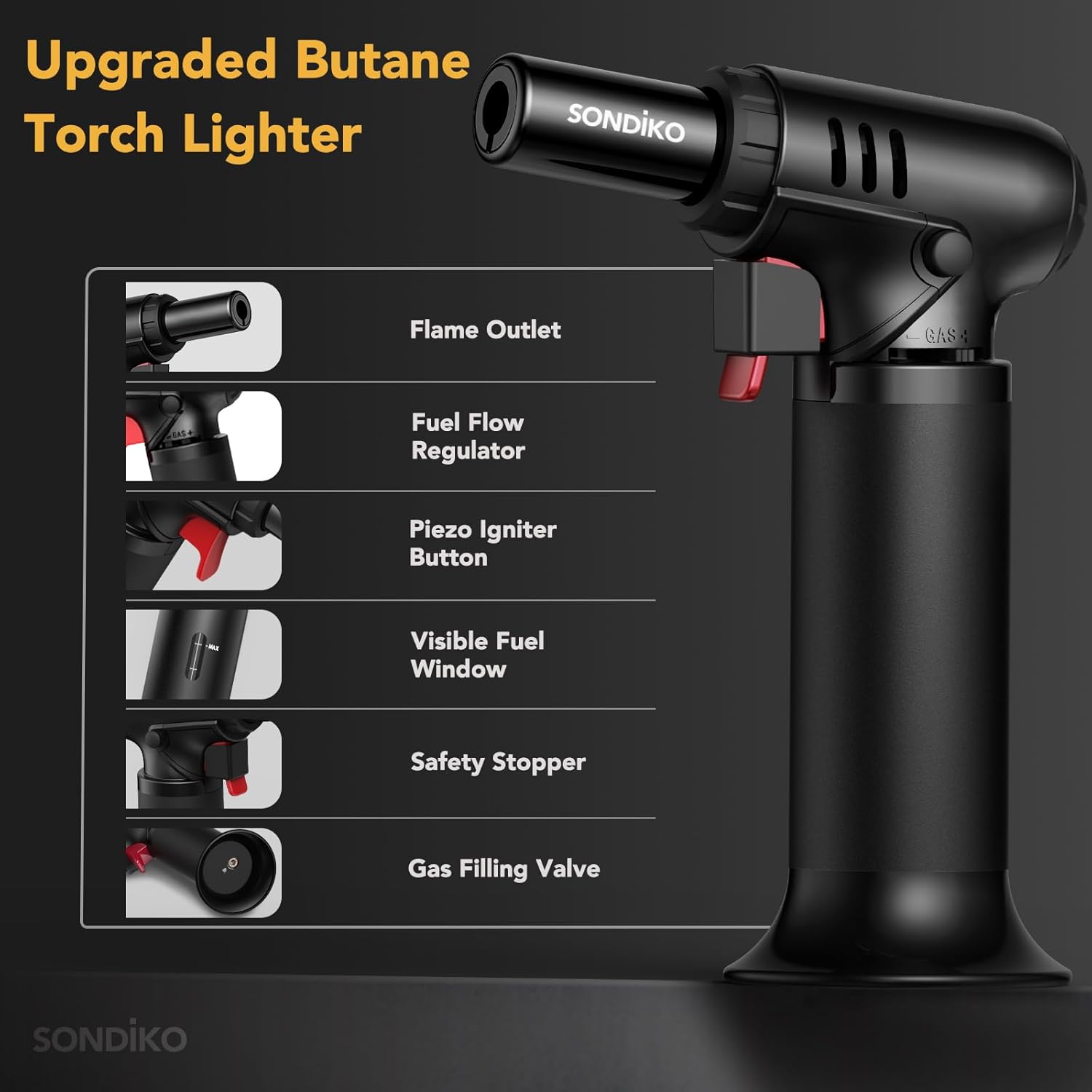 Sondiko Butane Torch Lighter - Refillable Soldering Torch with Adjustable Flame & Visible Fuel Window