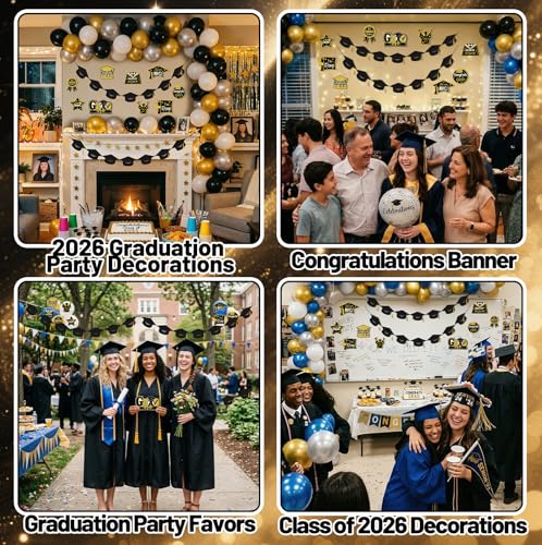 2026 Graduation Decorations - Pre-Strung Black Glitter Banner with Gold Tassels