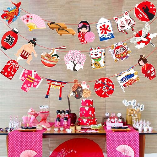 Japanese Themed Party Banner Set - 3 Pre-Strung Sakura & Kitsune Decorations