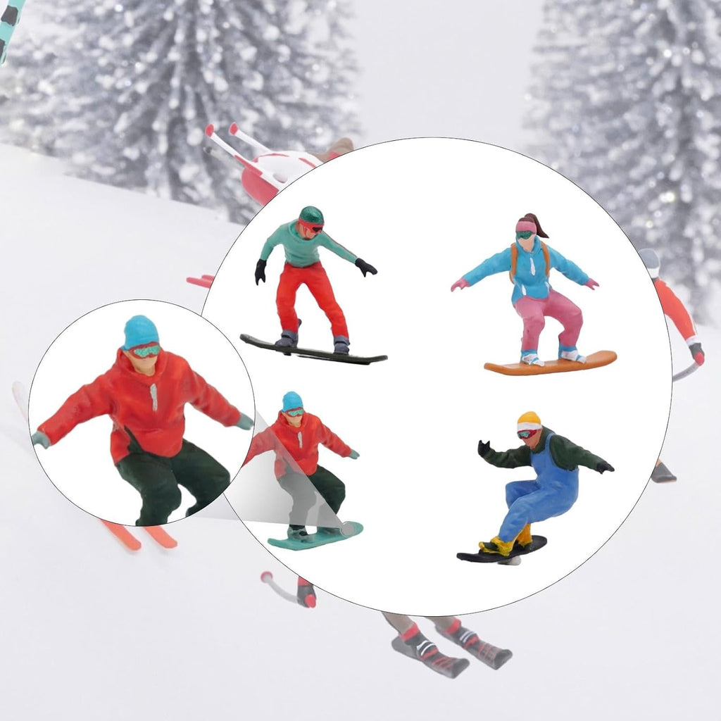 Menolana Miniature Skier Figurines - 4Pcs 1/64 Scale Snowboarding Models for Dollhouse & Railway Decor