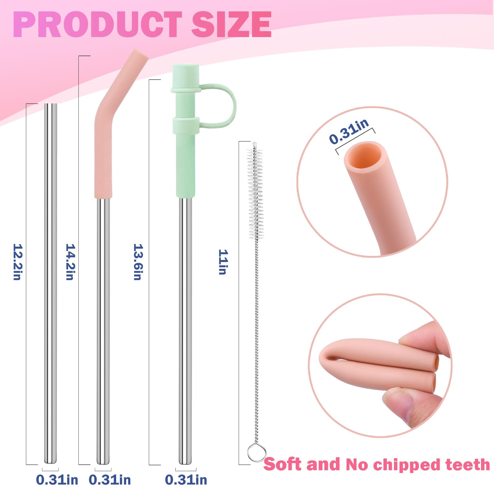 LUCKINEE 6pc Stainless Steel Straws Reusable for Stanley Tumbler 40 oz, 12 Inch Metal Straight Replacement Straw with Silicone Tips, Straw Covers and Cleaning Brushes