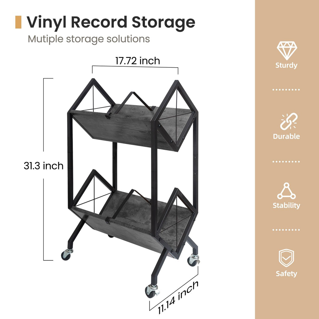 SwaaVee Vinyl Record Storage Holder with Wheels, 2-Tier Record Holder 160-200 LP with Dividers, Retro Style Quick Assembly Vinyl Record Display for Albums, Magazine, Book, Files(2 Tier- Gray)