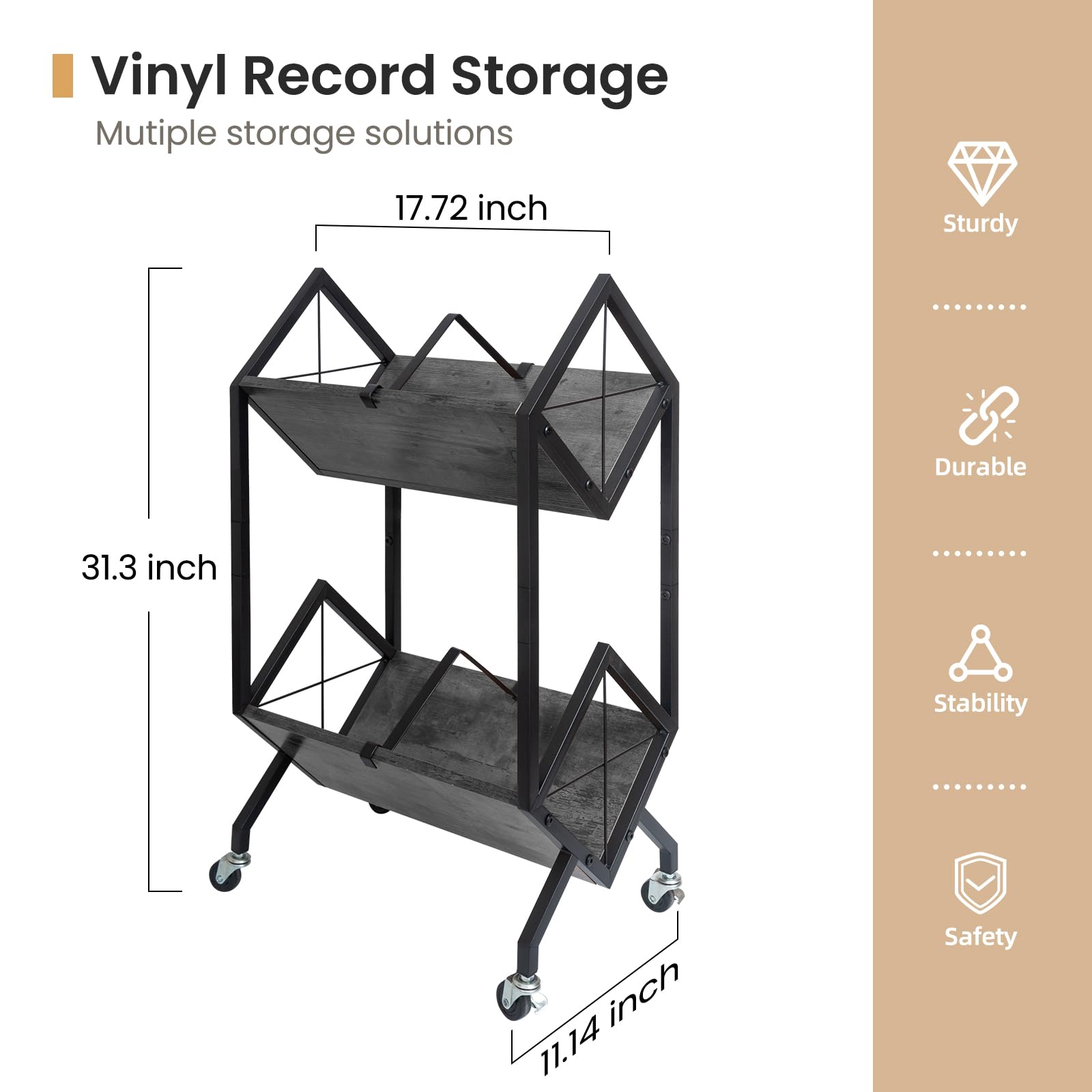 SwaaVee Vinyl Record Storage Holder with Wheels, 2-Tier Record Holder 160-200 LP with Dividers, Retro Style Quick Assembly Vinyl Record Display for Albums, Magazine, Book, Files(2 Tier- Gray)