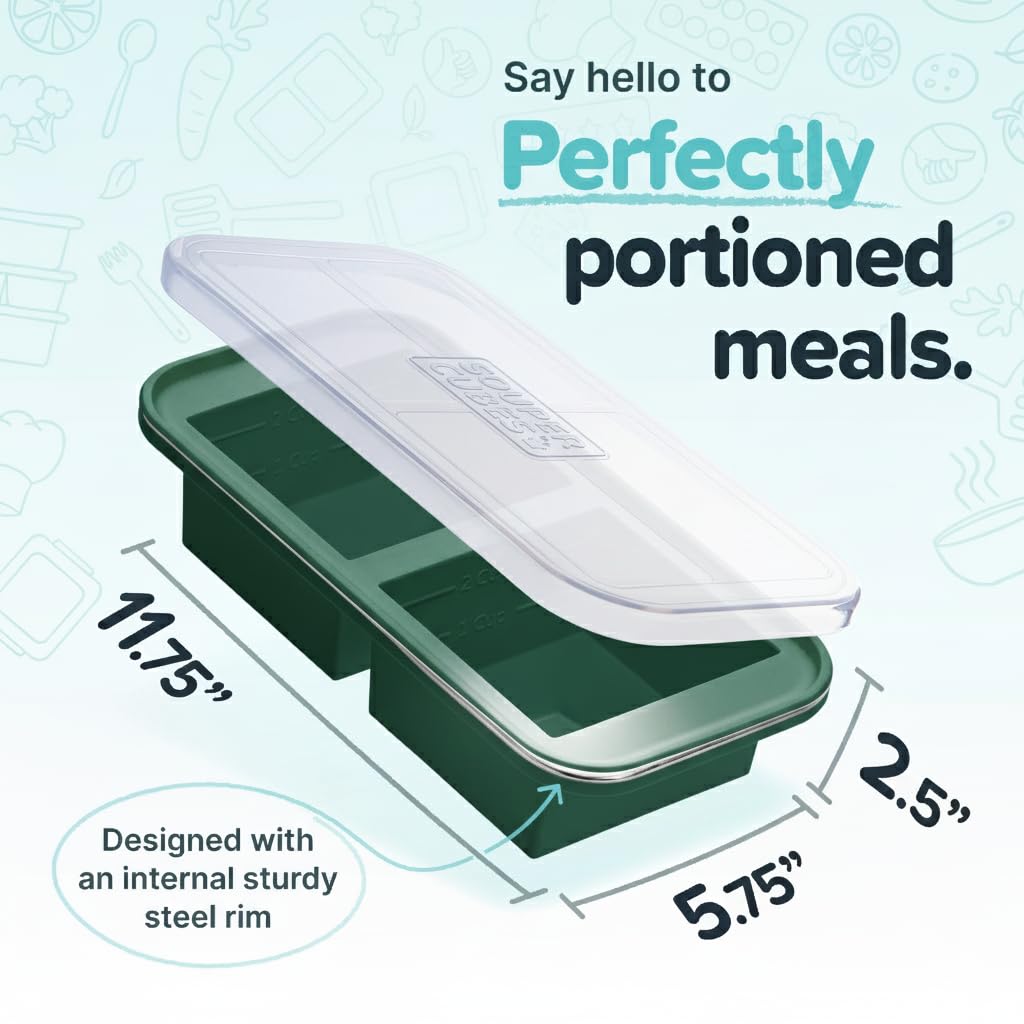 Souper Cubes 2 Cup Silicone Freezer Tray with Lid, Perfect for Storing Lasagna, Leftovers, Sauces, Portioned Meals and More, Silicone Freezer Mold for Meal Prepping - Kale - 1-Pack