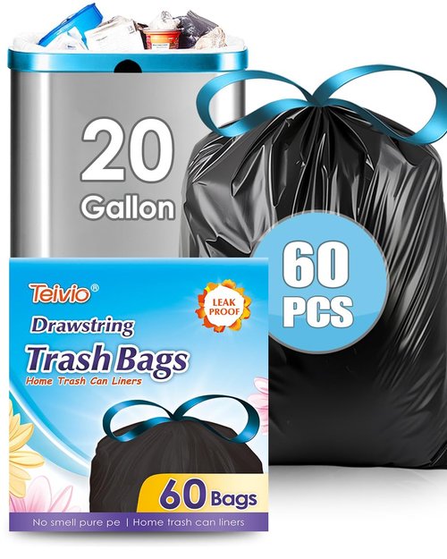 Teivio 20 Gallon 60 Counts (fit 18-20 Gal) Large Drawstring Trash Bags Strong Tall Kitchen Compactor Bags Garbage Bags for Home/Office/Light Residential Waste/Outdoor Trash Can, Lawn，Black Trash