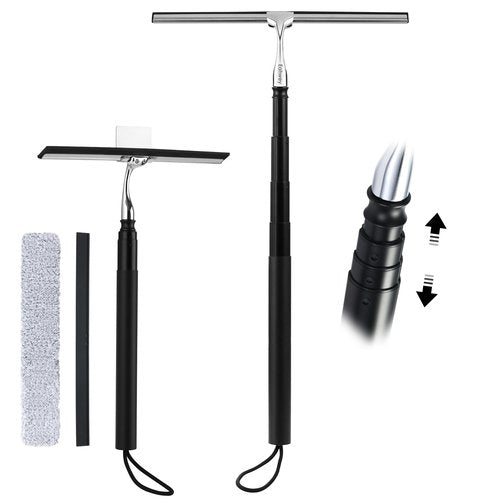 Eahwey 12-51’’ Telescopic Window Squeegee for High Windows, 2-in-1 Window Cleaning Kit with Extra Silicone Blade & Hook, Professional Squeegee for Shower Glass Doors (Window Squeegee for Home)