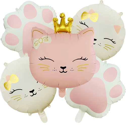 5Pcs Cat Foil Balloon Cat Paw Birthday Party Supplies Cute Crown Kitten Pet Cat Themed Birthday Party Baby Shower, Wedding Themed Party Decorations（Pink, Cream White）