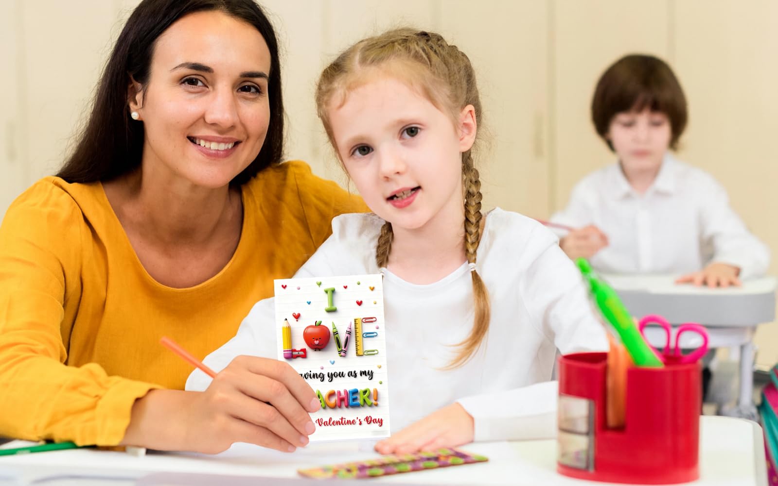 WALENGIF Teacher Valentine Day Card - Happy Valentine's Day Gifts for Teachers Cute Valentines Day Teacher Greeting Cards with Envelope Valentines Day Teacher Gift from Students Kids