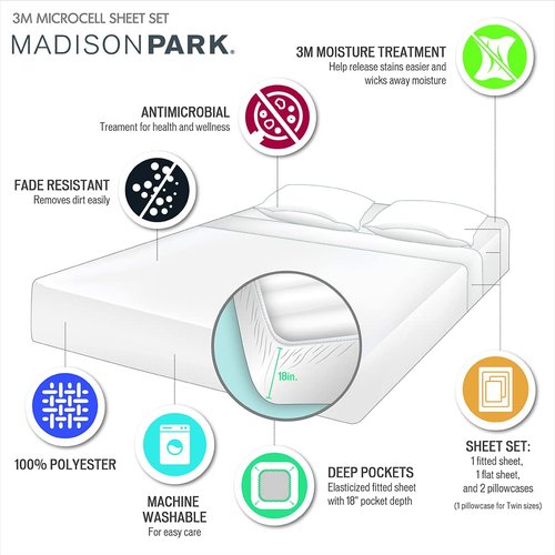 Madison Park 3M Microcell Bed Sheet Set Color Fast, Wrinkle and Stain Resistant, Soft Sheets with 16" Deep Pocket All Season, Cozy Bedding-Set, Matching Pillow Case, Cal King, Grey, 4 Piece