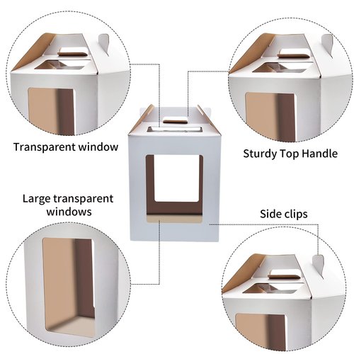KBG Tall Cake Boxes 6pcs 14x14x16 and 16x16x18 Inches White With Window for Tier Cakes, Wedding, Birthday Transport - Large With Handle, Disposable Containers